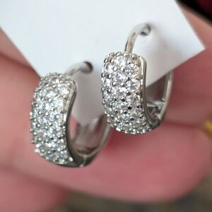 Pave Cz And 18k White Gold Plated Huggie Earrings